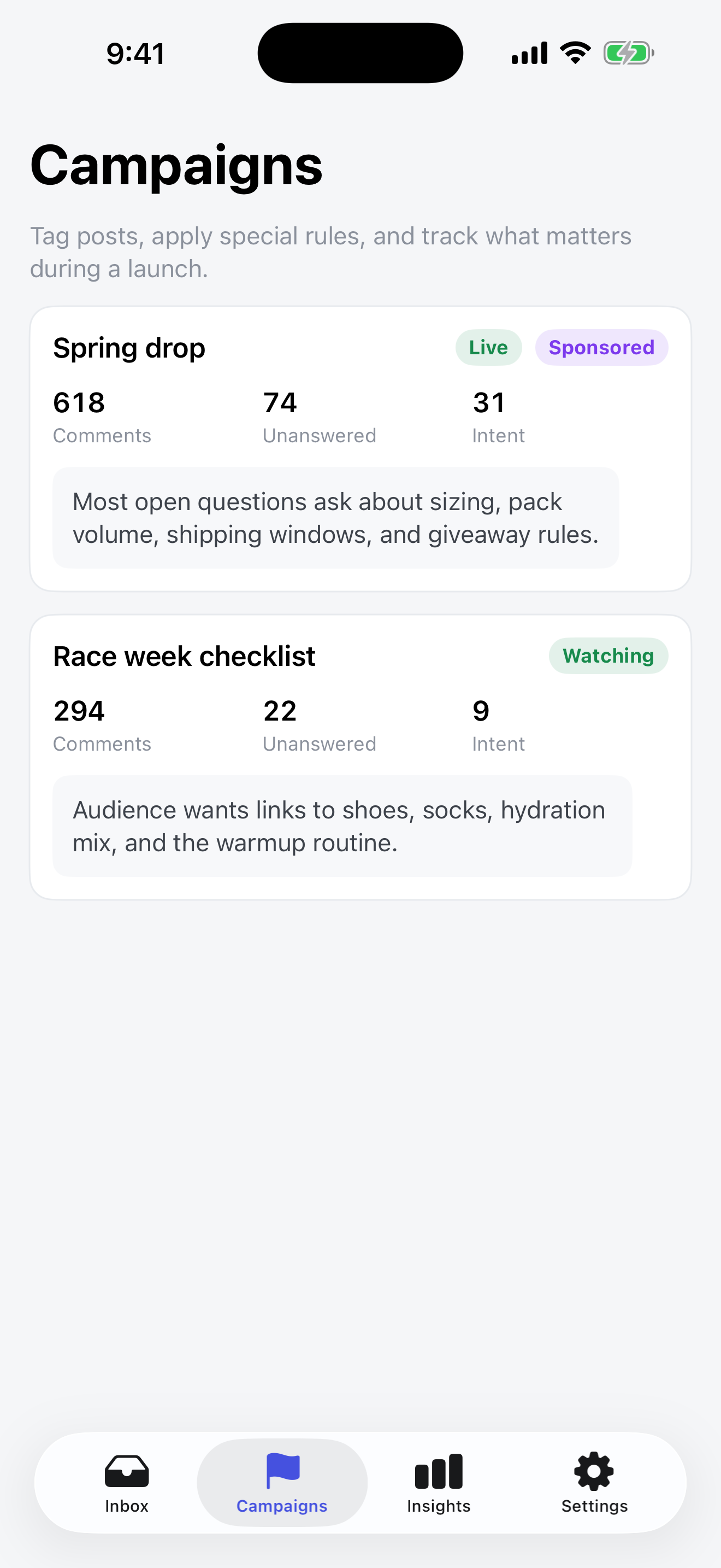 FanCue campaigns screen showing tracked launches and unanswered comments